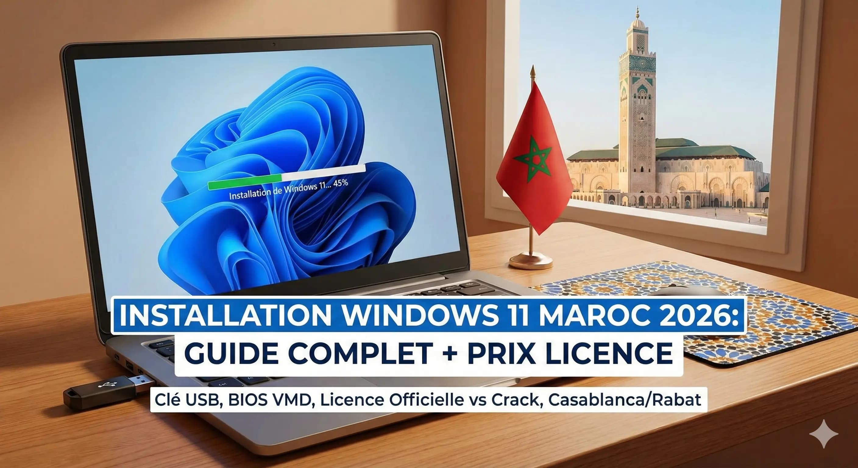 Installation Windows 11 au Maroc 2026 : guide complet clé USB bootable, résolution VMD disque non détecté, prix licence - Casablanca, Rabat, Marrakech