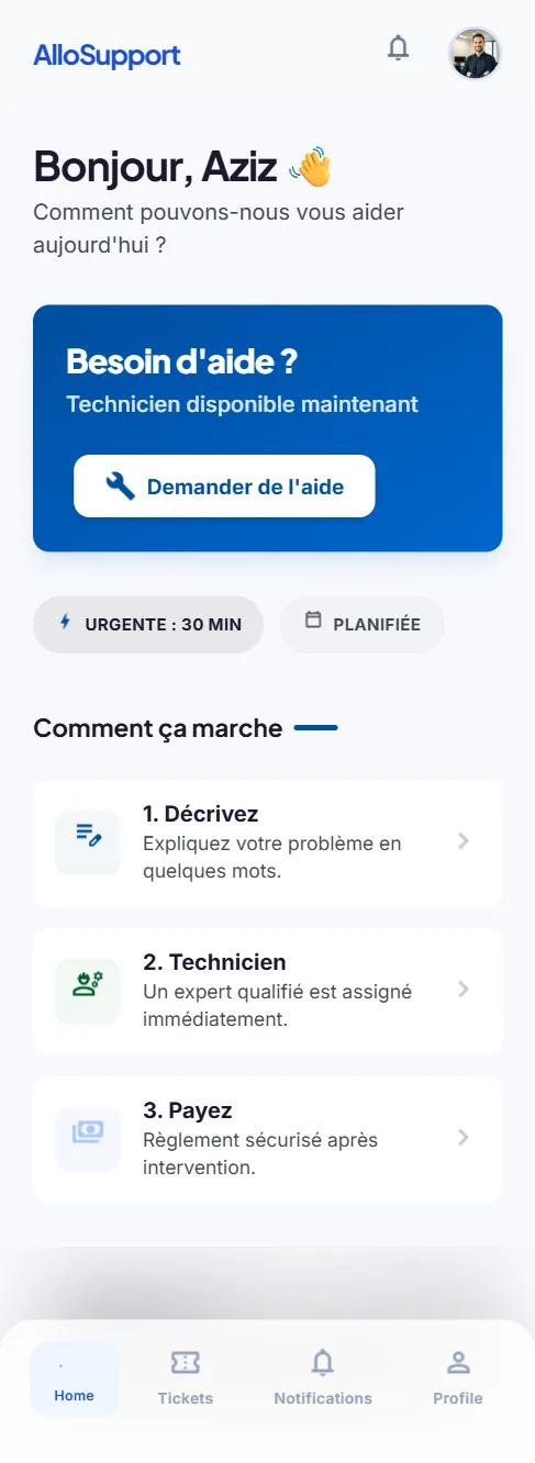 Écran d’accueil de l’application AlloSupport : demander une aide informatique au Maroc