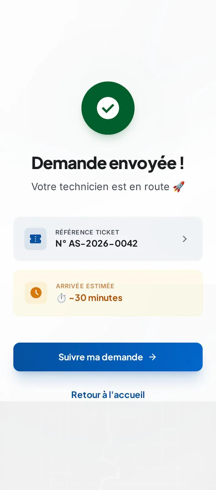Confirmation d’envoi d’une demande de dépannage dans l’application AlloSupport