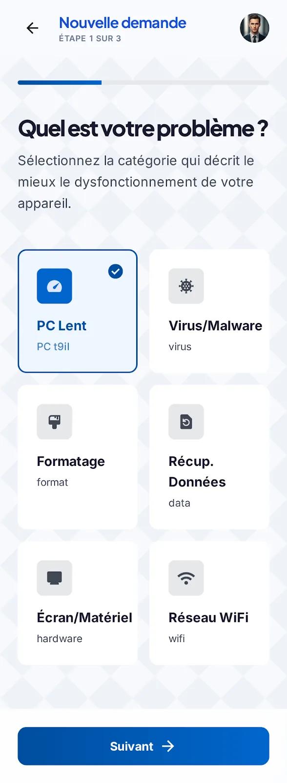 Écran de nouvelle demande AlloSupport : décrire le problème avant l’orientation vers un technicien