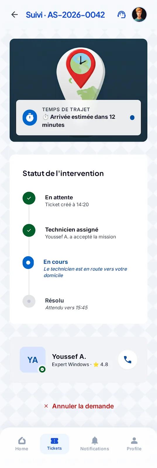 Suivi en temps réel d’une intervention informatique dans l’application AlloSupport