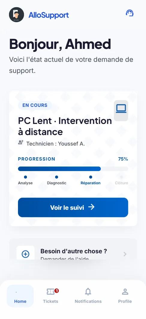 Tableau de bord AlloSupport avec le suivi d’une intervention en cours