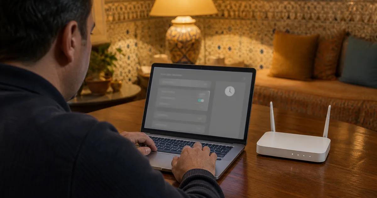 Parent configurant un routeur Wi-Fi familial, écran abstrait sans marque ni identifiant