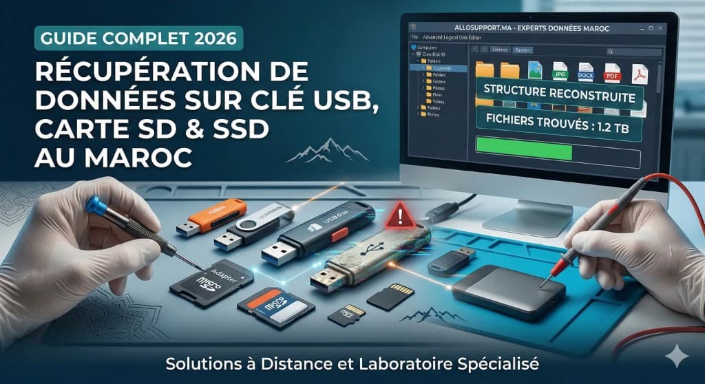 Image d'en-tête pour le guide de récupération de données AlloSupport.ma au Maroc. Un technicien, avec des outils, examine des clés USB, cartes SD et un SSD, tandis qu'un écran affiche une récupération réussie de 1.2 TB de données.