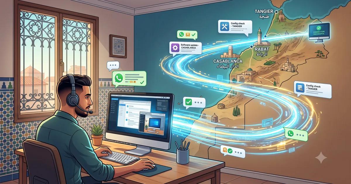 Technicien support informatique à distance au Maroc recevant des missions via WhatsApp depuis Casablanca Rabat Tanger