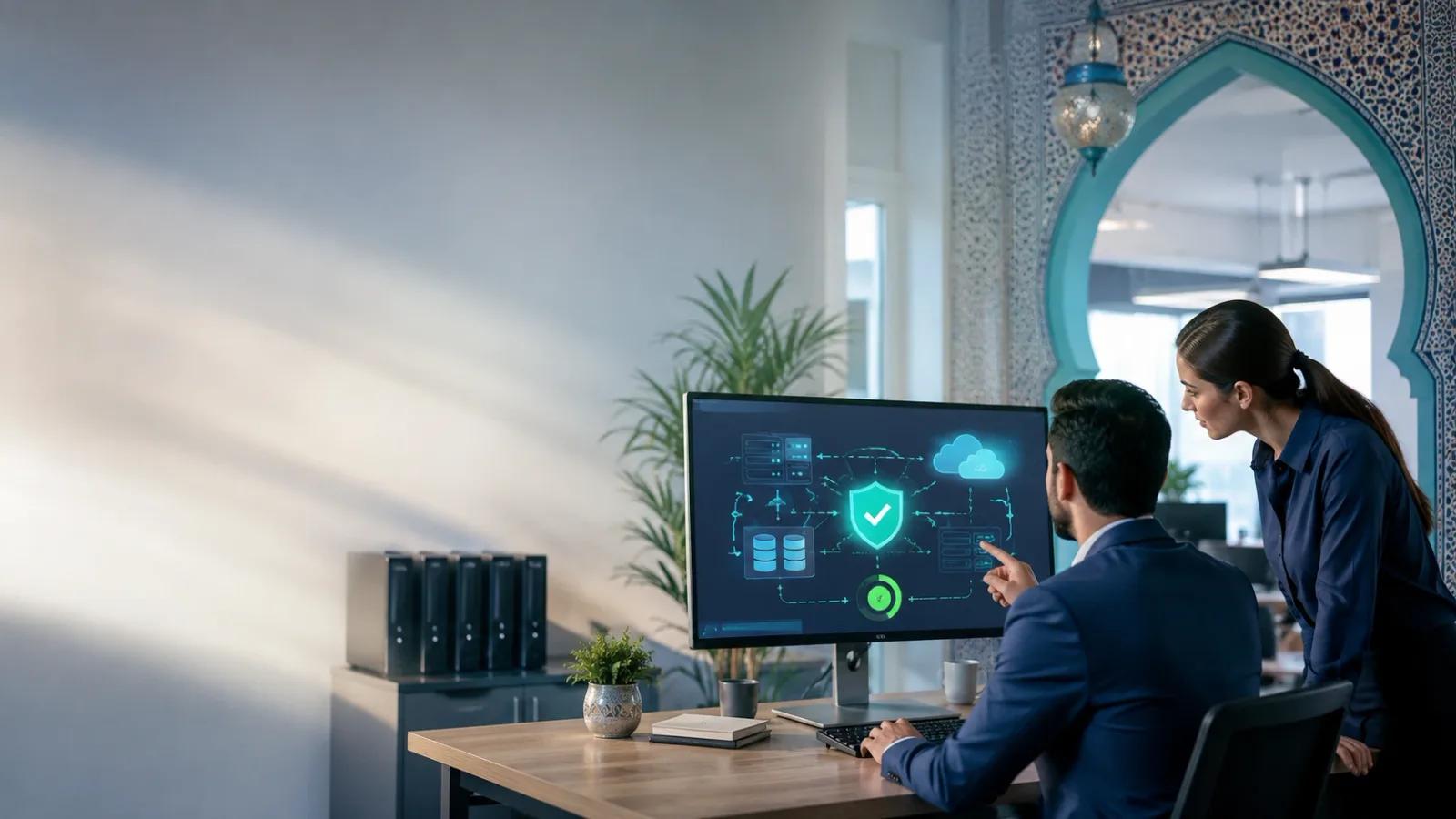 Experts en informatique au Maroc travaillant sur un plan de continuité d’activité (PCA) devant un écran affichant une infrastructure cloud sécurisée