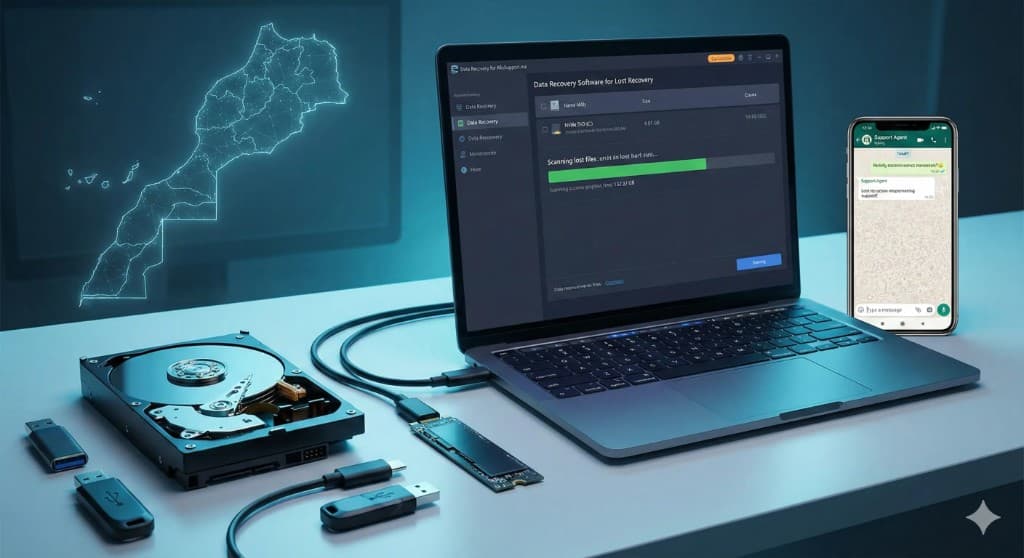 Récupération données Maroc : disque dur en panne, SSD, clés USB, assistance à distance WhatsApp, diagnostic AlloSupport.ma — services informatiques Maroc