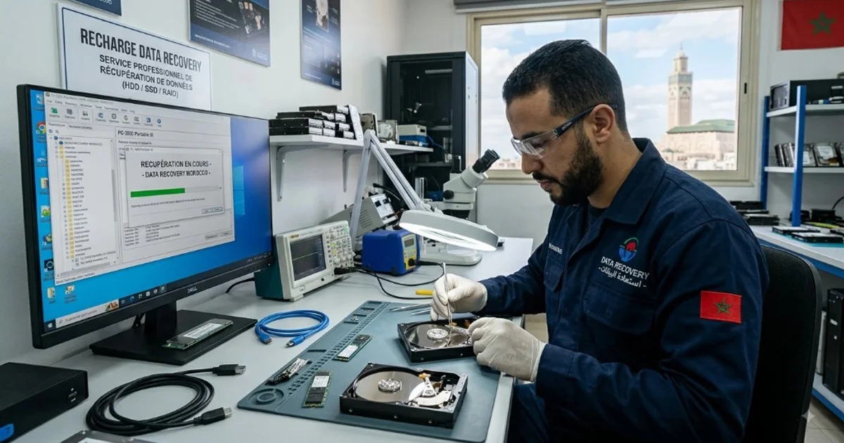 Data recovery Morocco lab in Casablanca — technician recovering an open hard drive with professional tools, Hassan II Mosque in the background